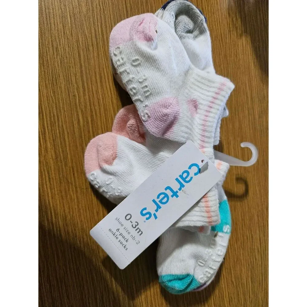 Carter's Baby Girls Non-Slip Ankle Socks 6-Pack 0-3 Months NWT Grip Sole